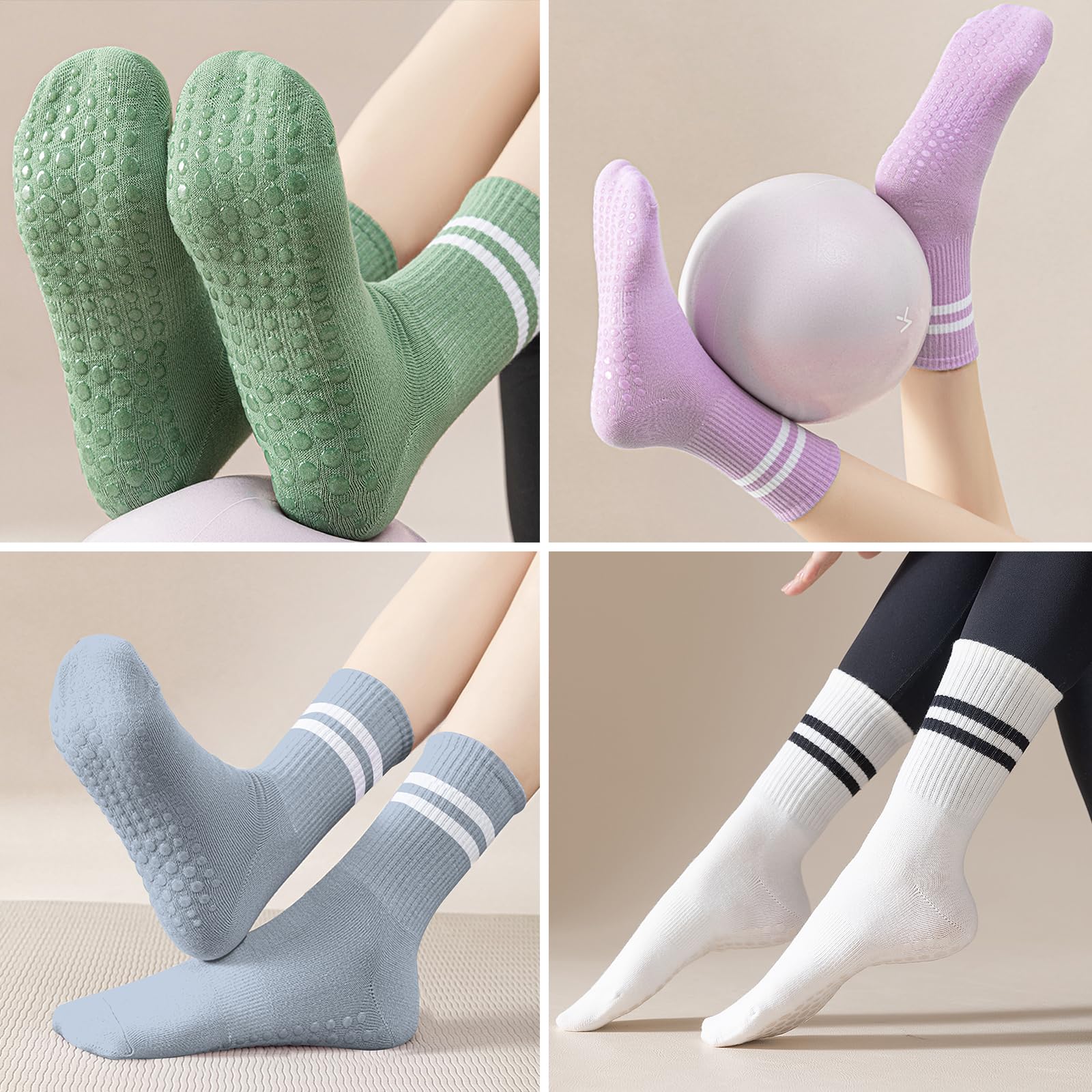 3 Pairs Pilates Socks with Grips-Black White Purple - Image 4