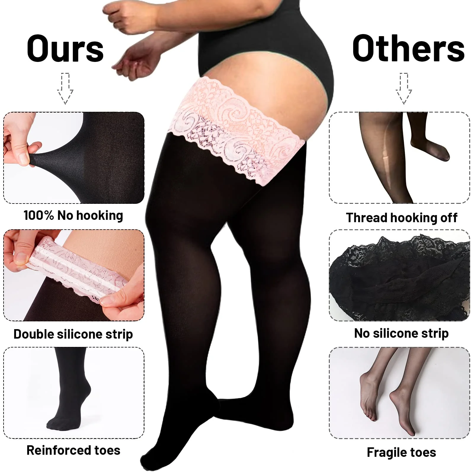 55D Semi Sheer Silicone Lace Stay Up Thigh Highs Pantyhose-Black & Light Lace - Image 5