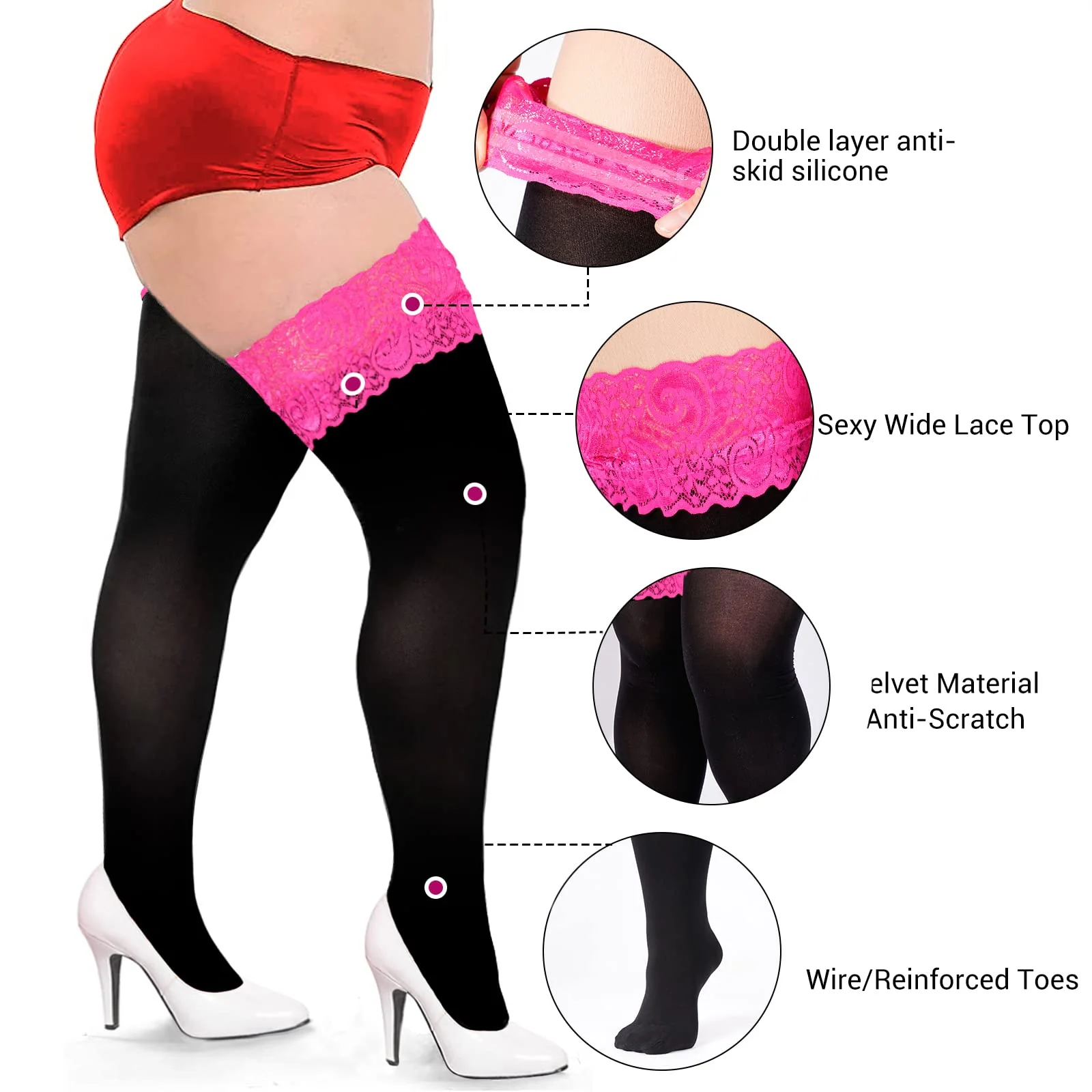 55D Semi Sheer Silicone Lace Stay Up Thigh Highs Pantyhose-Black & Purple Lace - Image 5