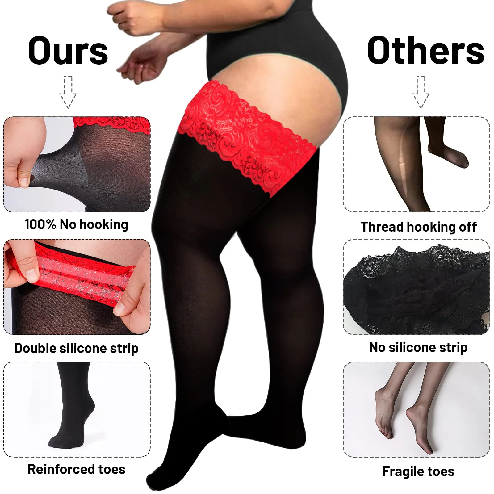 55D Semi Sheer Silicone Lace Stay Up Thigh Highs Pantyhose-Black & Red Lace - Image 4