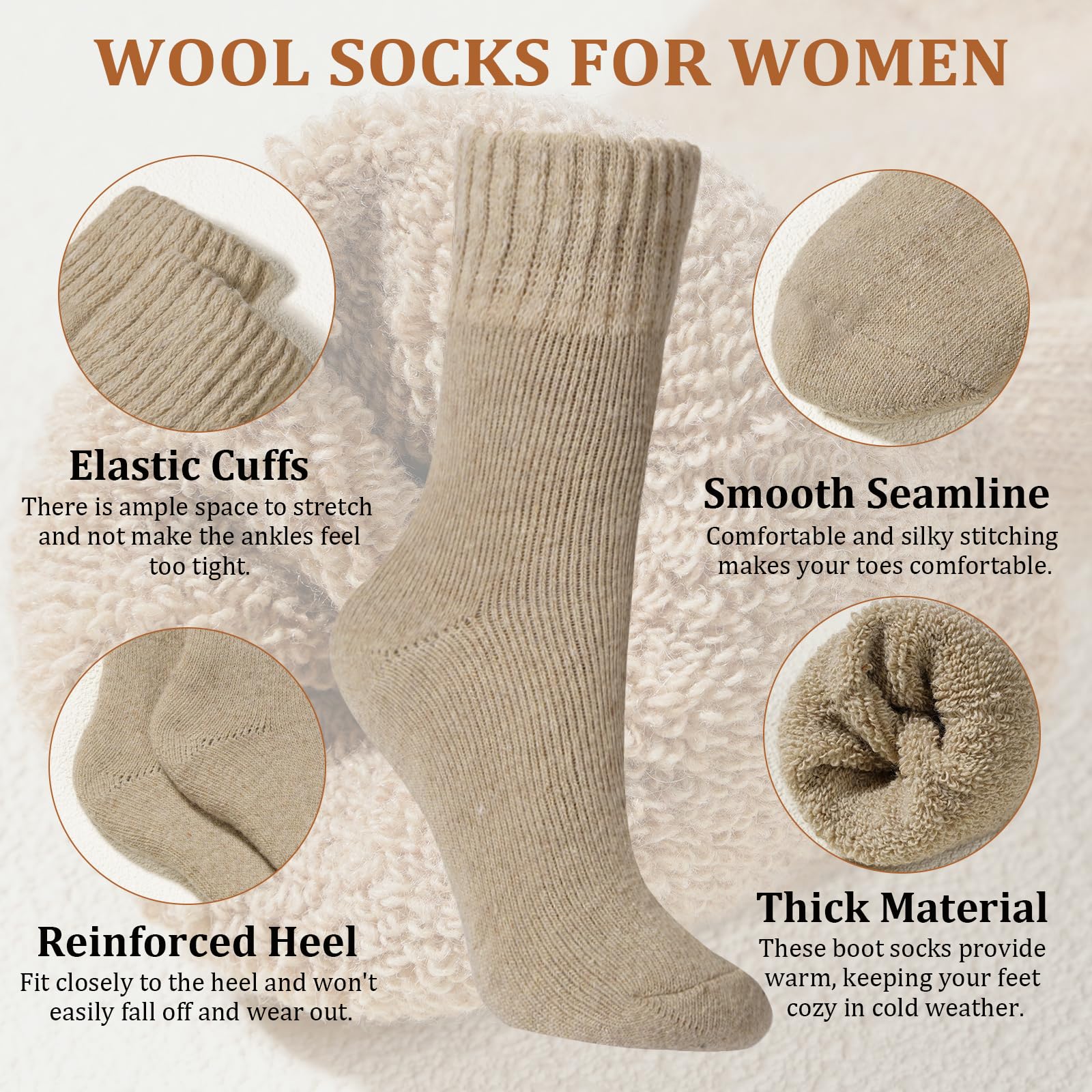 6 Pairs Wool Boot Socks for Women Winter Classic Color - Image 3