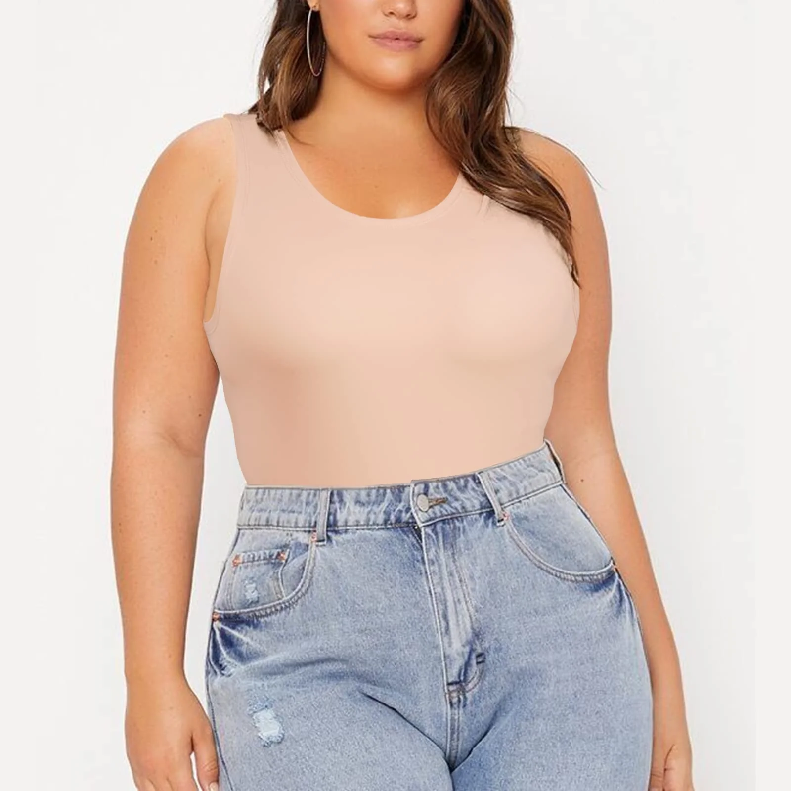 Crew Neck Sleeveless Slick Plus Size Bodysuit for Women - Beige - Image 4