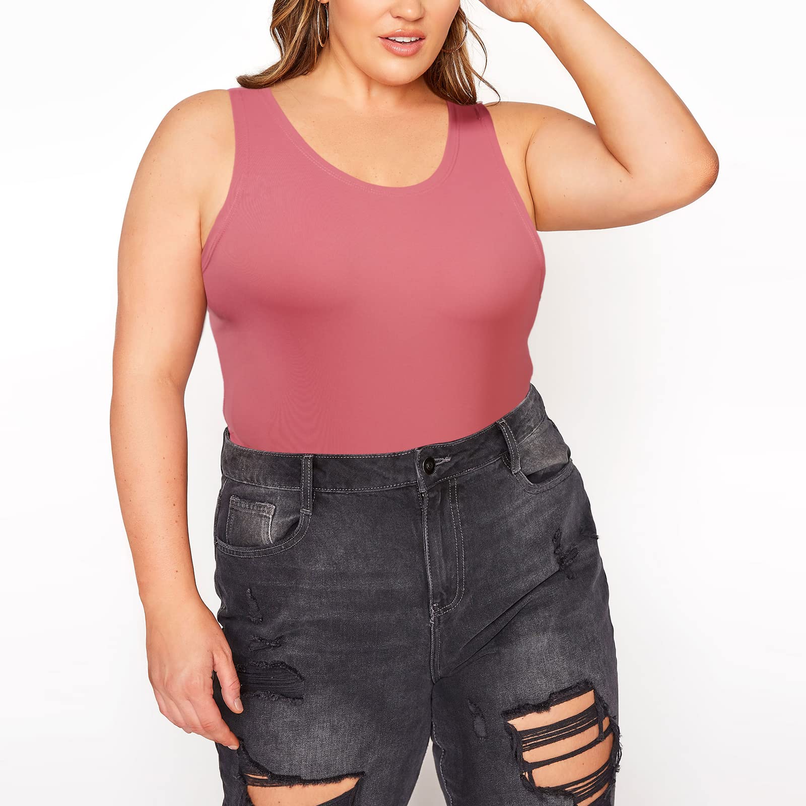 Crew Neck Sleeveless Slick Plus Size Bodysuit for Women - Magenta - Image 5