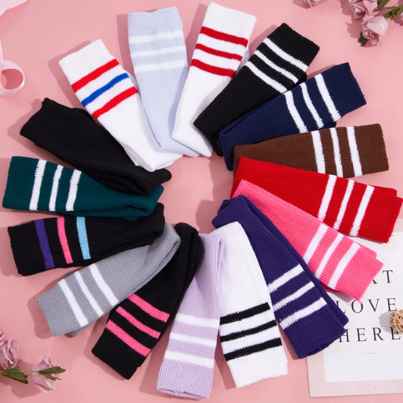 Extra Long Warm Knit Striped Thigh Highs Leg Warmers-Red & White Striped - Image 4