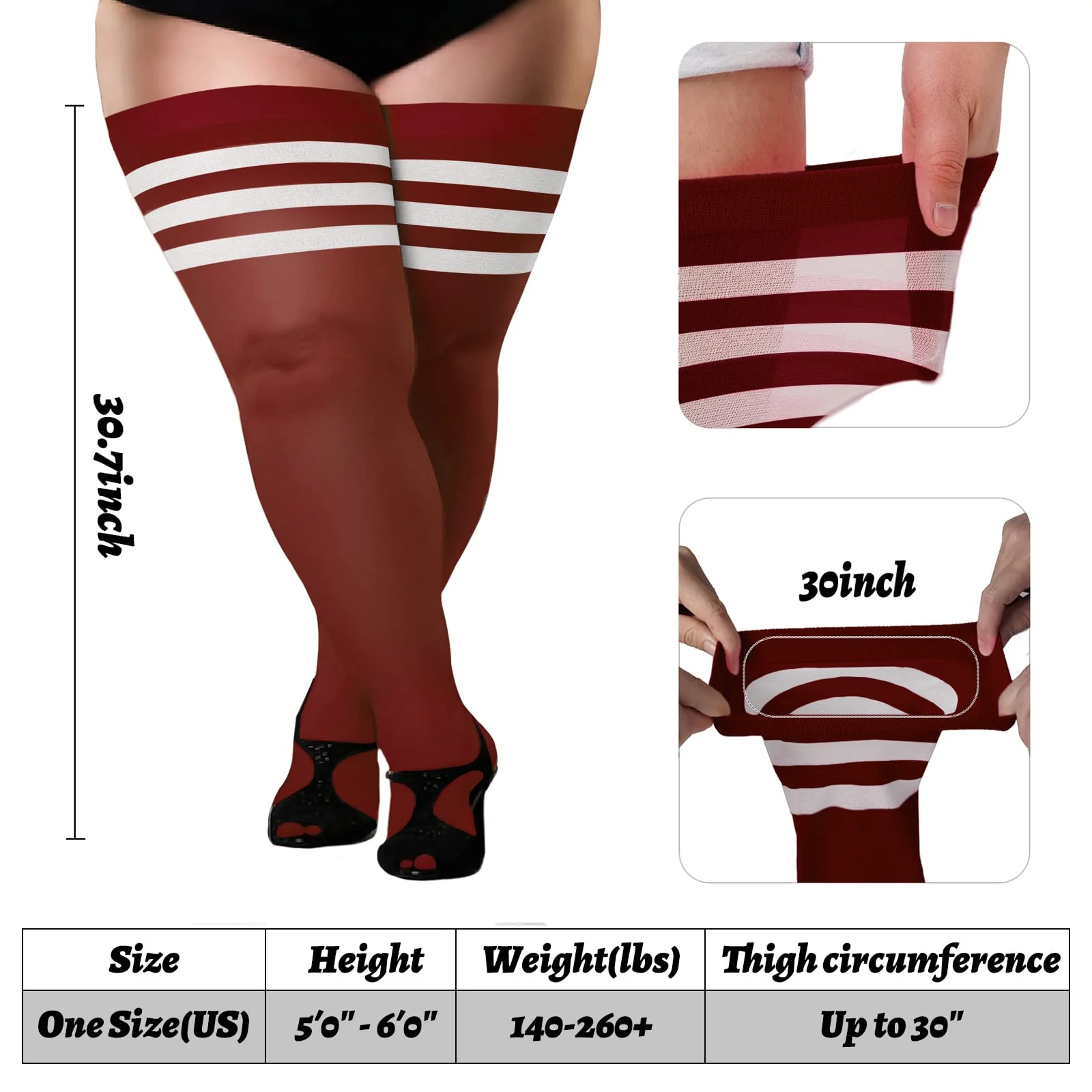Extra Long Womens Opaque Striped Over Knee High Stockings-Burgundy & White - Image 4