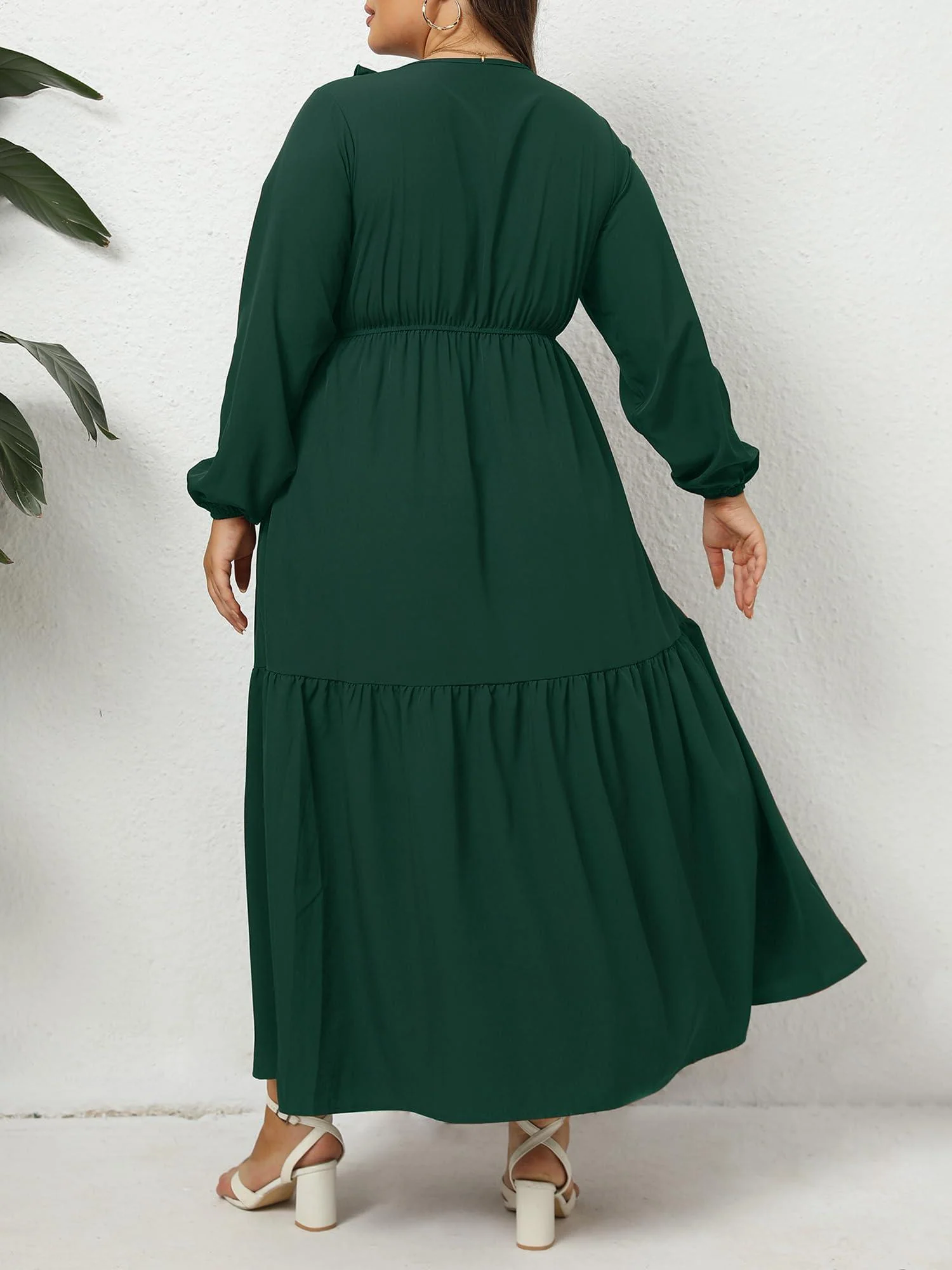 Plus Size A Line Flowy Dresses Long Sleeve V Neck - Green - Image 3
