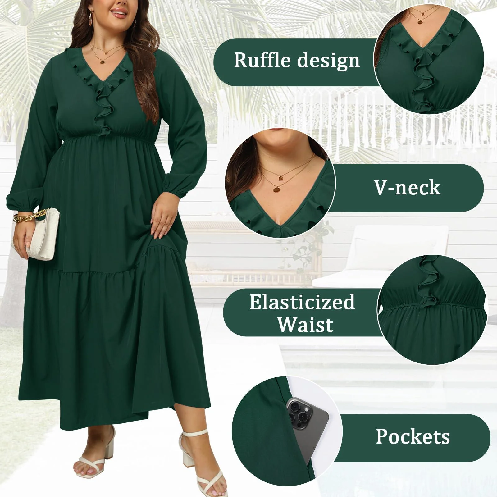 Plus Size A Line Flowy Dresses Long Sleeve V Neck - Green - Image 6