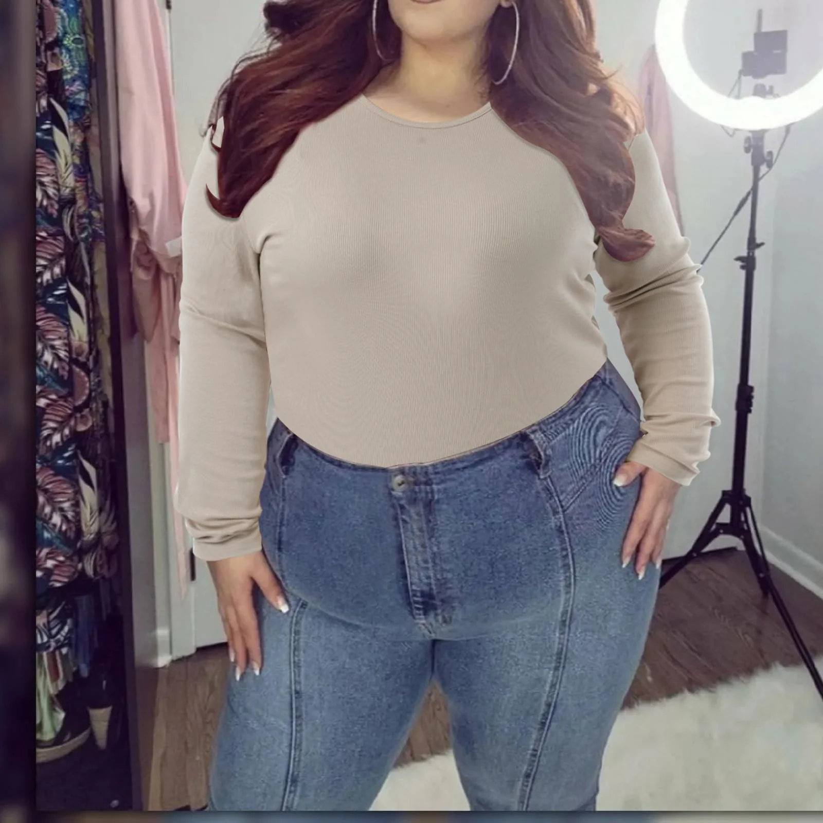 Plus Size Bodysuit Crew Neck Long Sleeve-Latte - Image 4