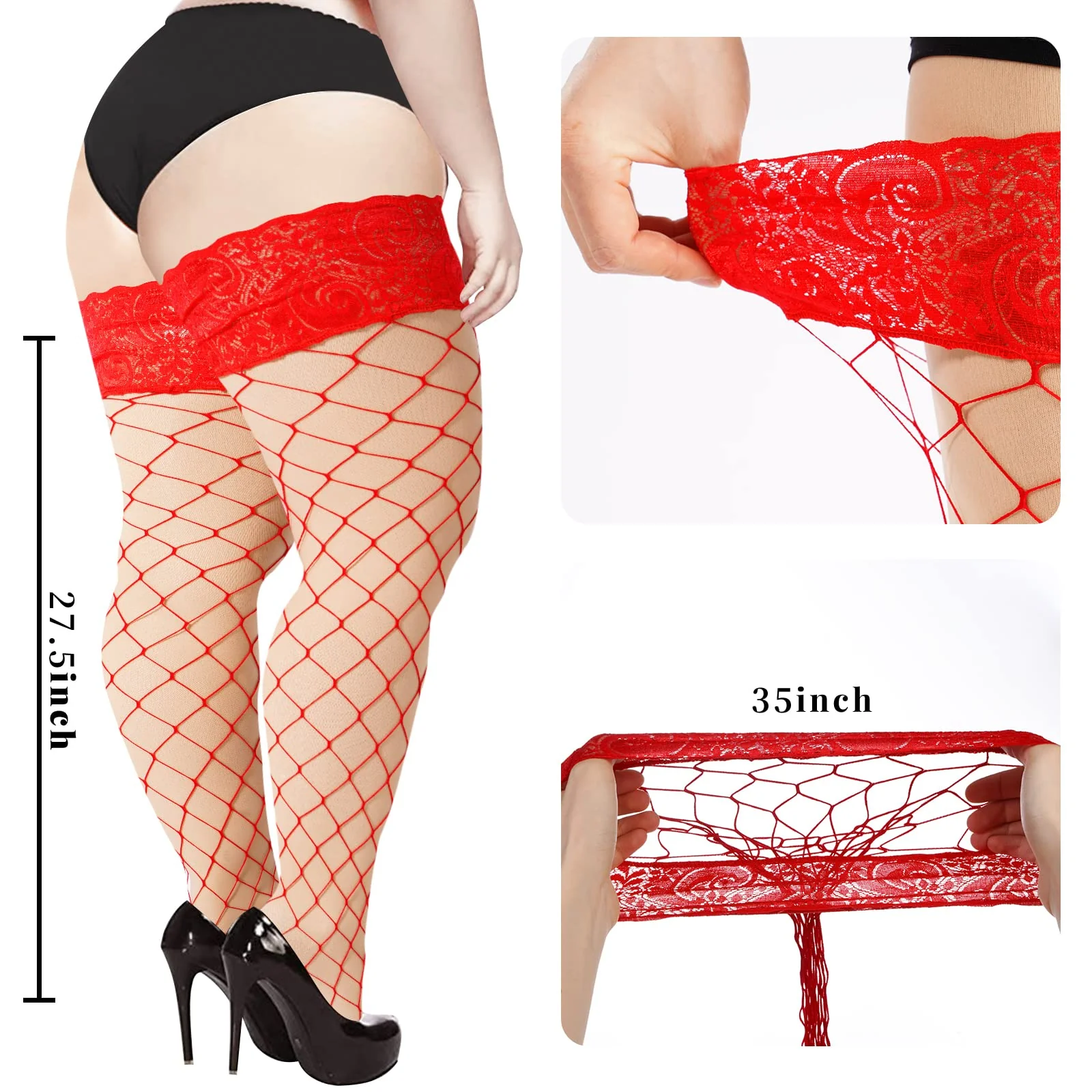 Plus Size Fishnet Stockings Sheer Silicone Lace - Red Large Mesh - Image 3