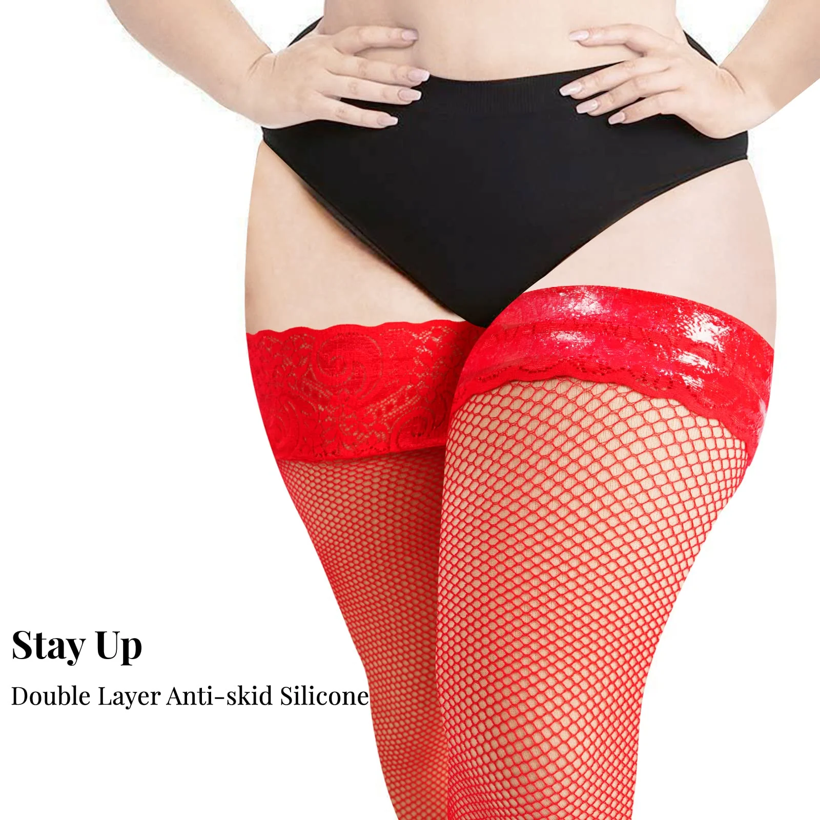 Plus Size Fishnet Stockings Sheer Silicone Lace - Red Small Mesh - Image 5