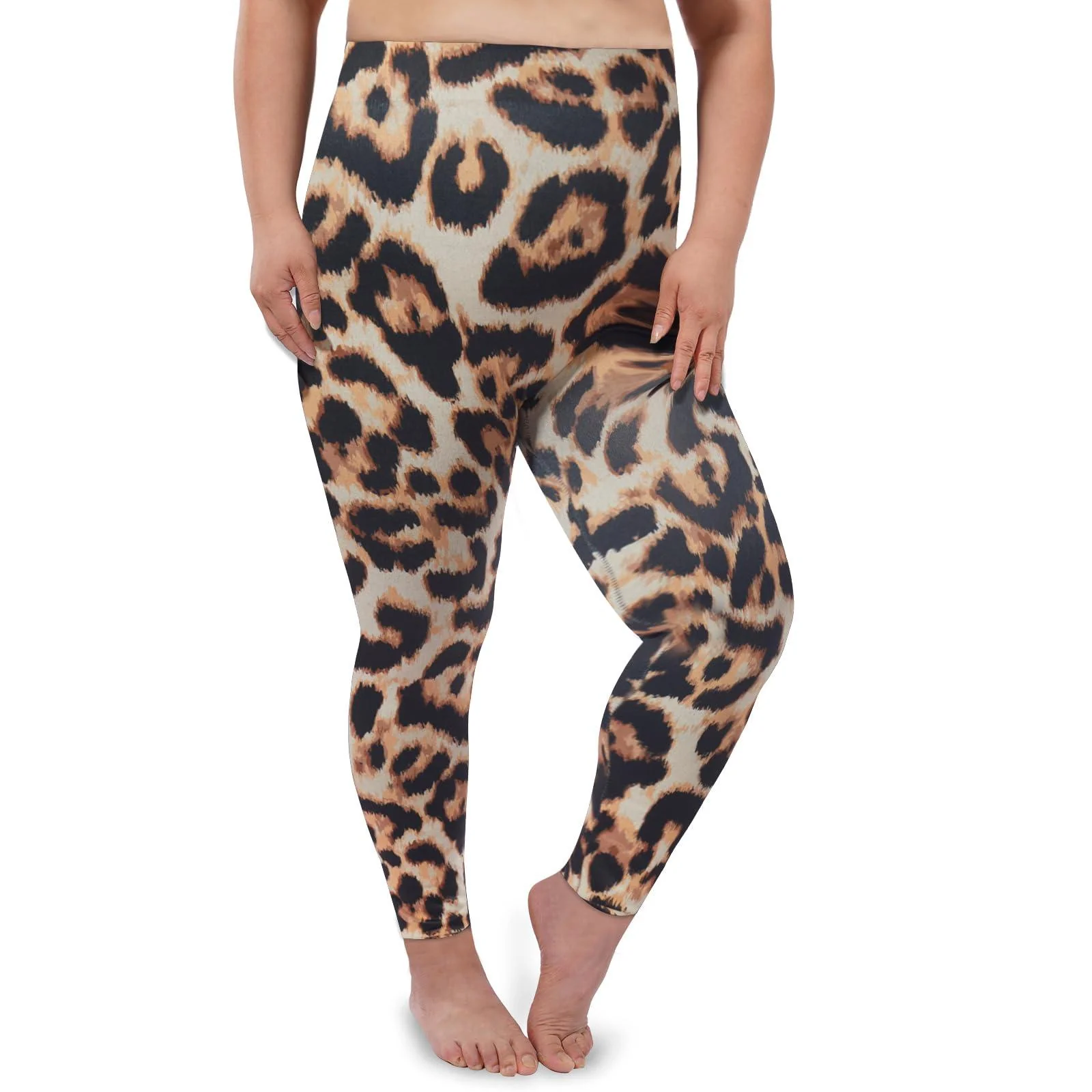 Plus Size Fleece Lined Leggings Women - Brown Leopard - Image 4