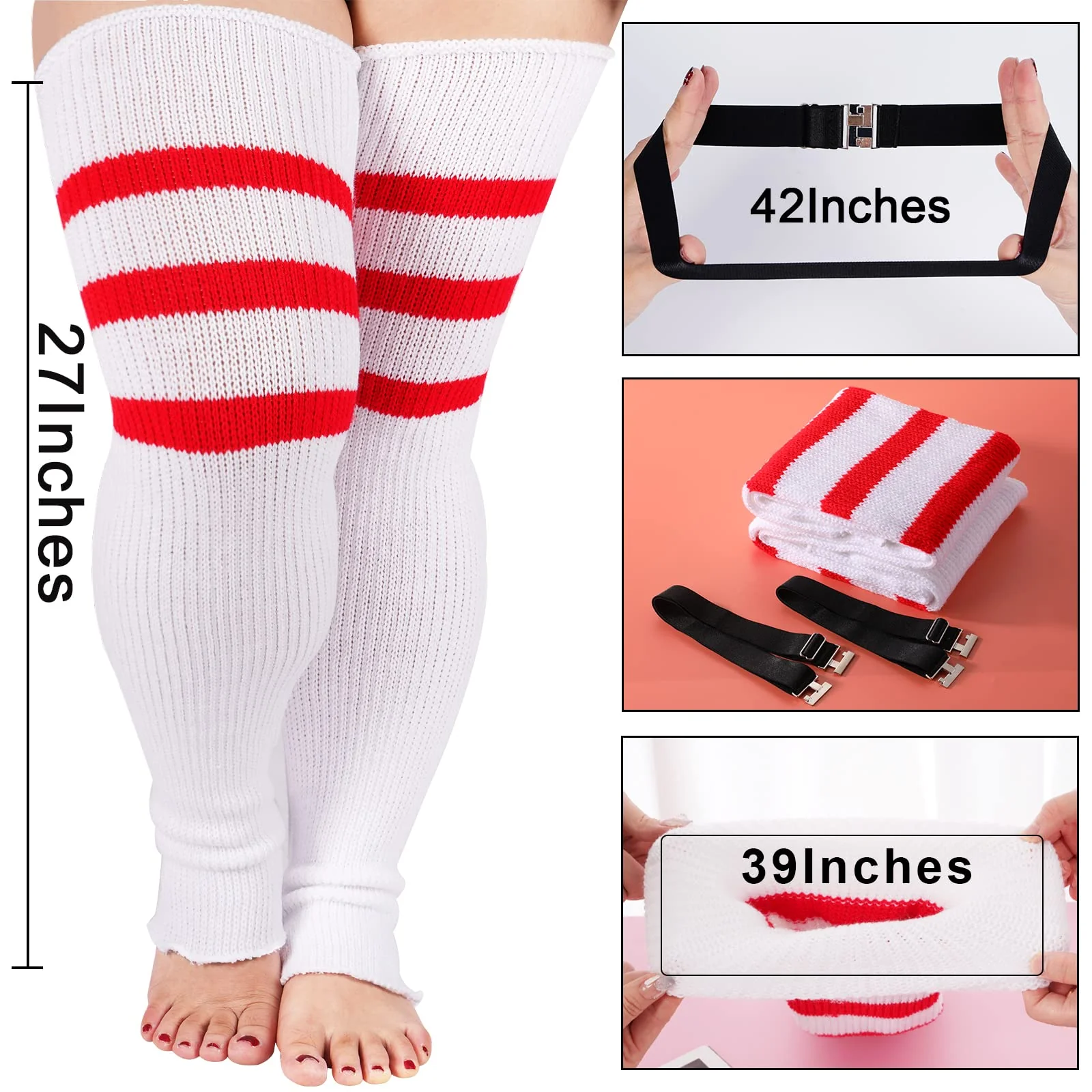 Plus Size Leg Warmers for Women-White & Red - Image 3