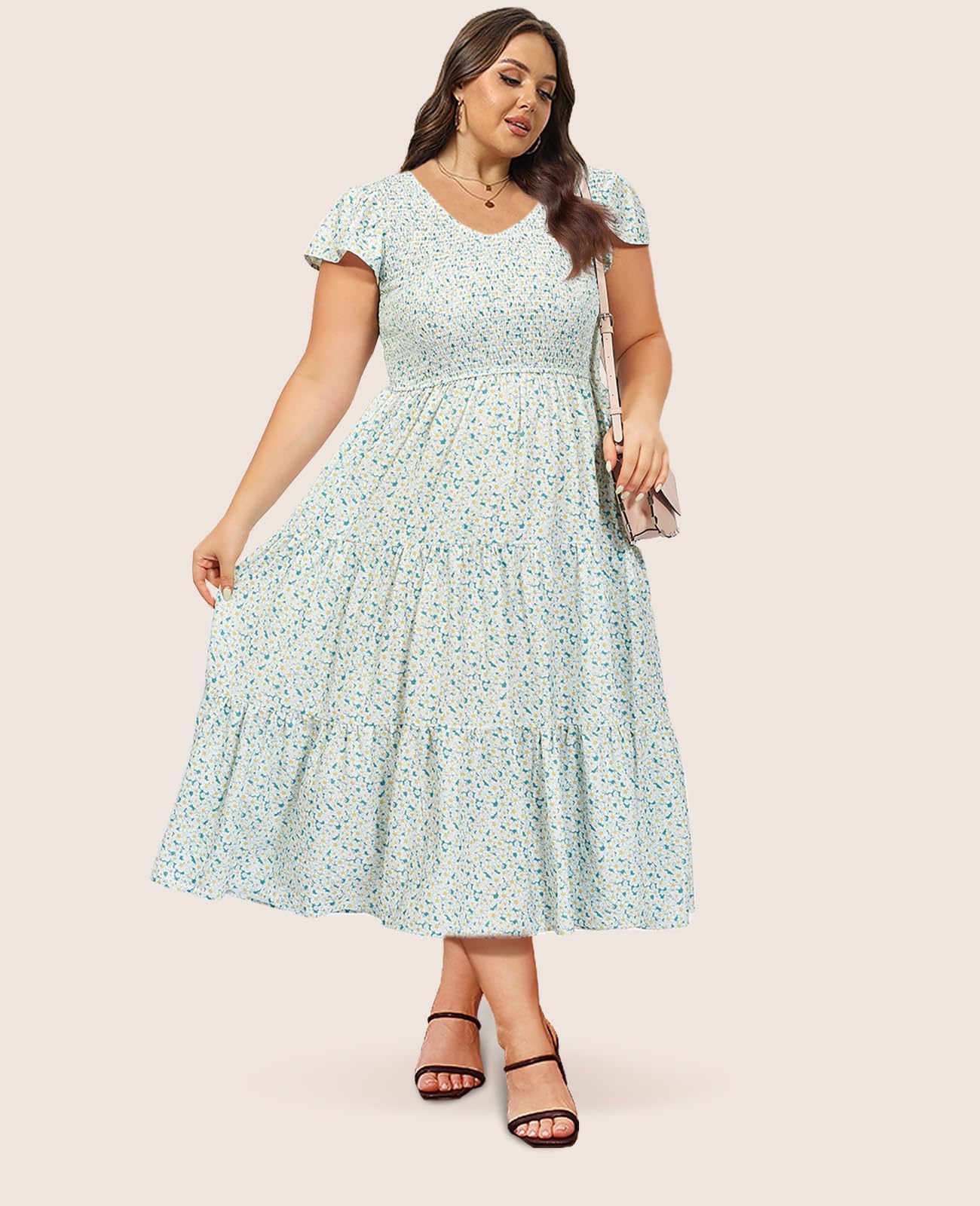 Plus Size Maxi Dress V Neck for Summer - Green - Image 4