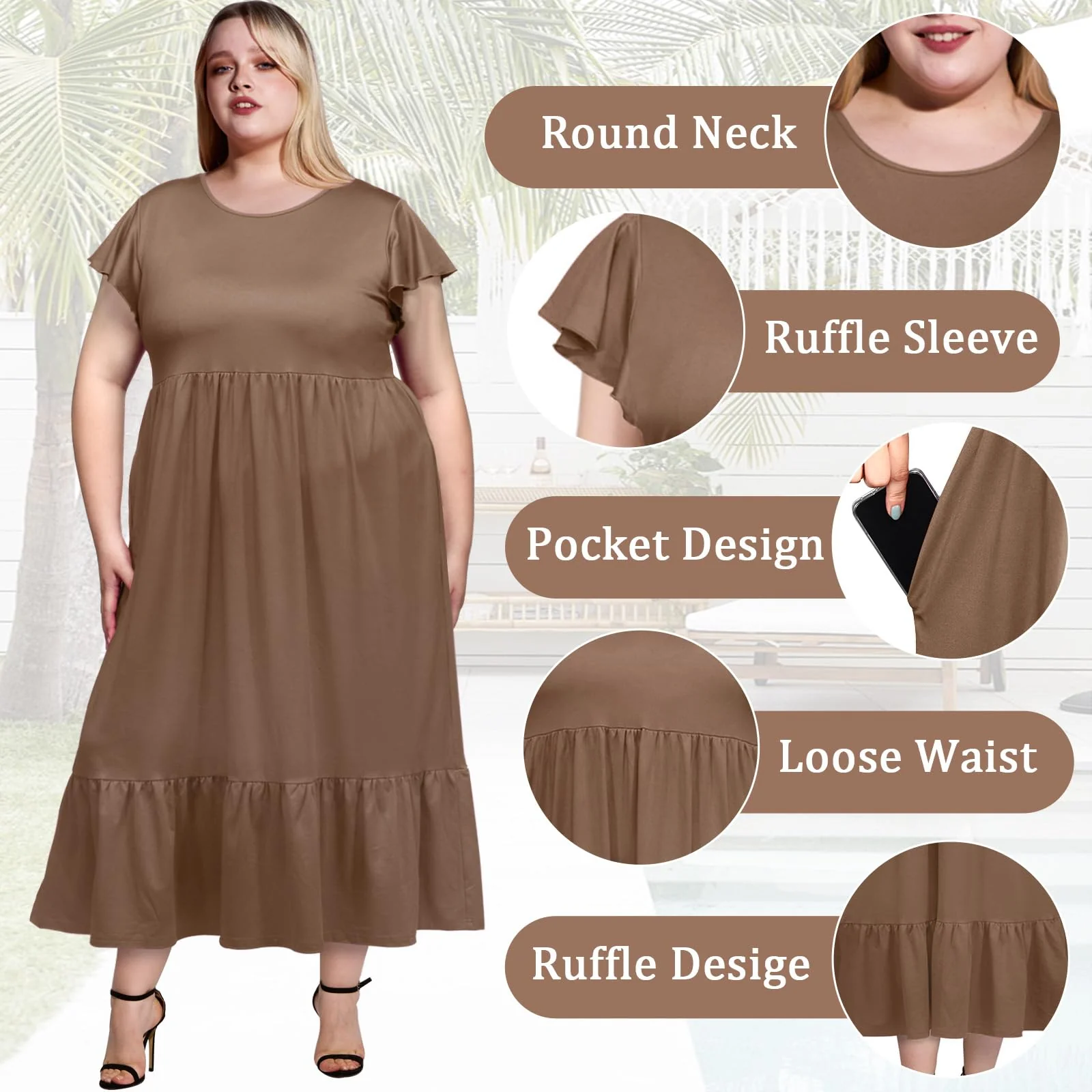 Plus Size Summer Dress Crew Neck Ruffle with Pockets-Khaki - Image 4