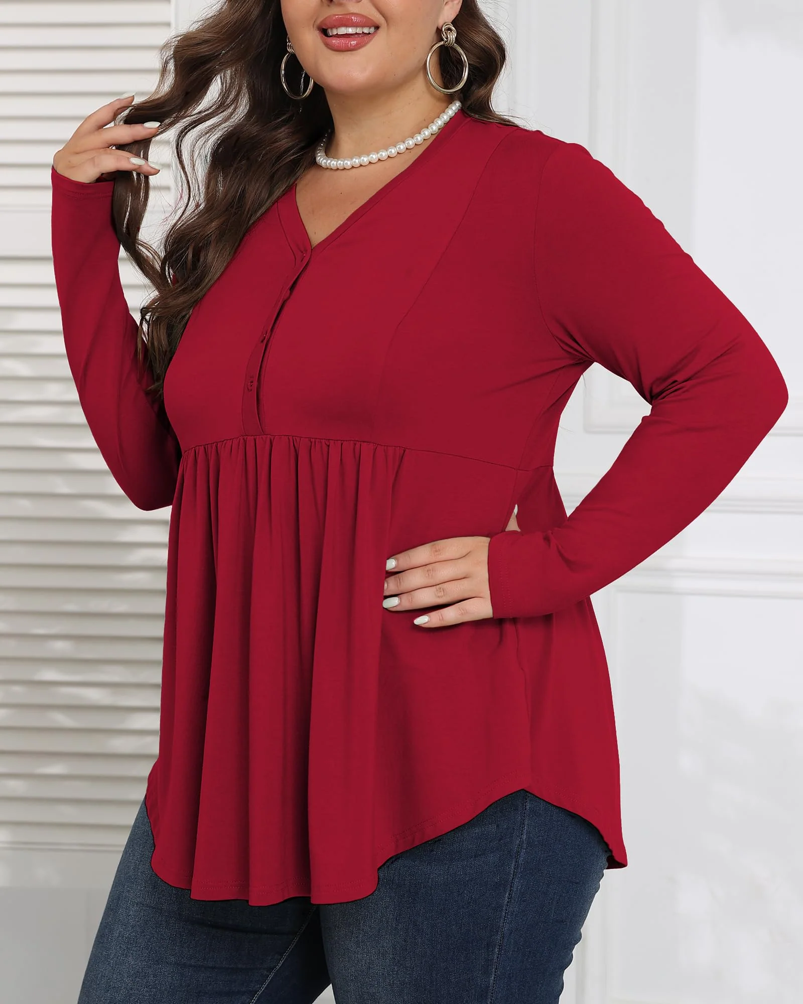 Plus Size Tops Henley Shirts V Neck-Wine Red - Image 3