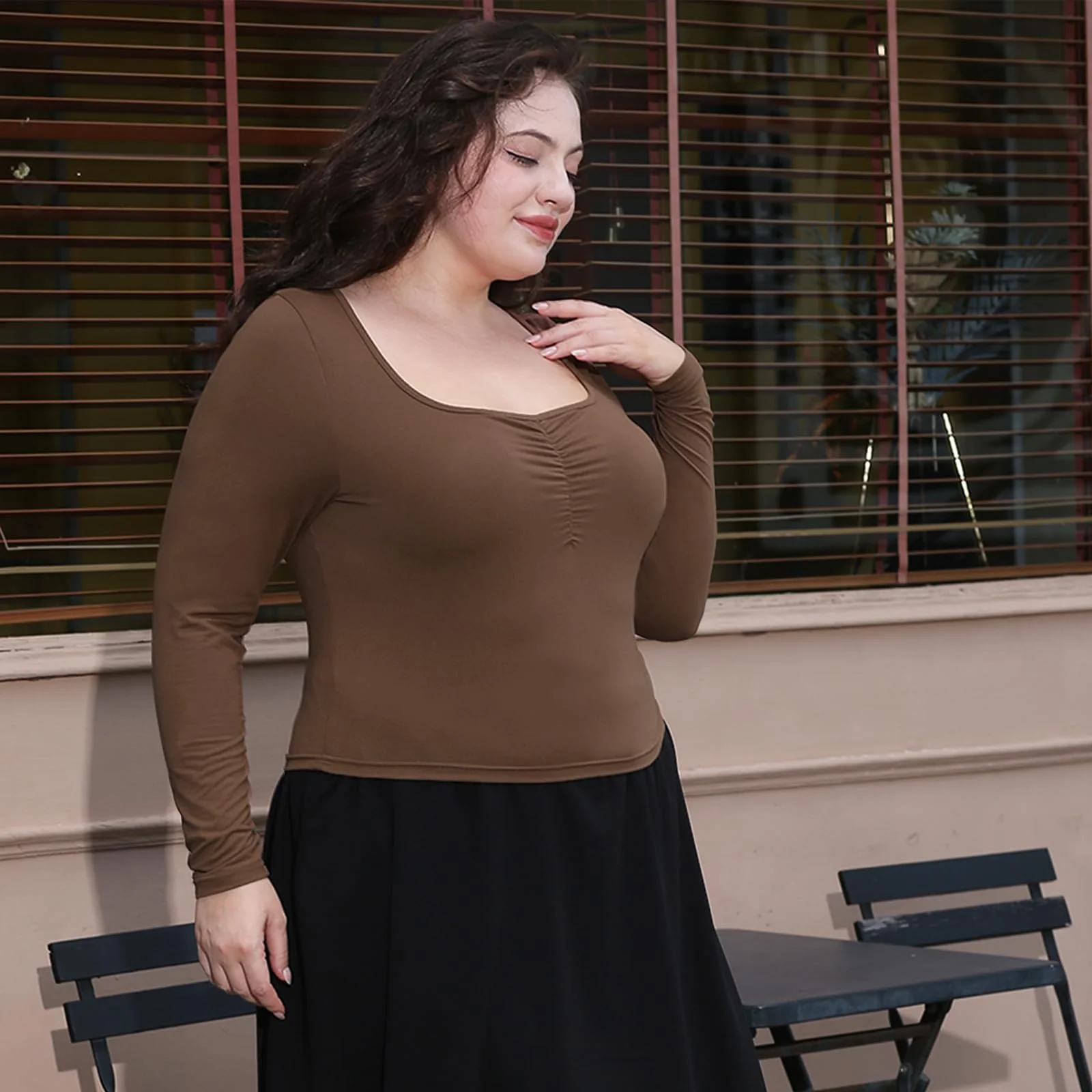 Plus Size Womens Long Sleeve Tops Square Neck - Coffee - Image 3