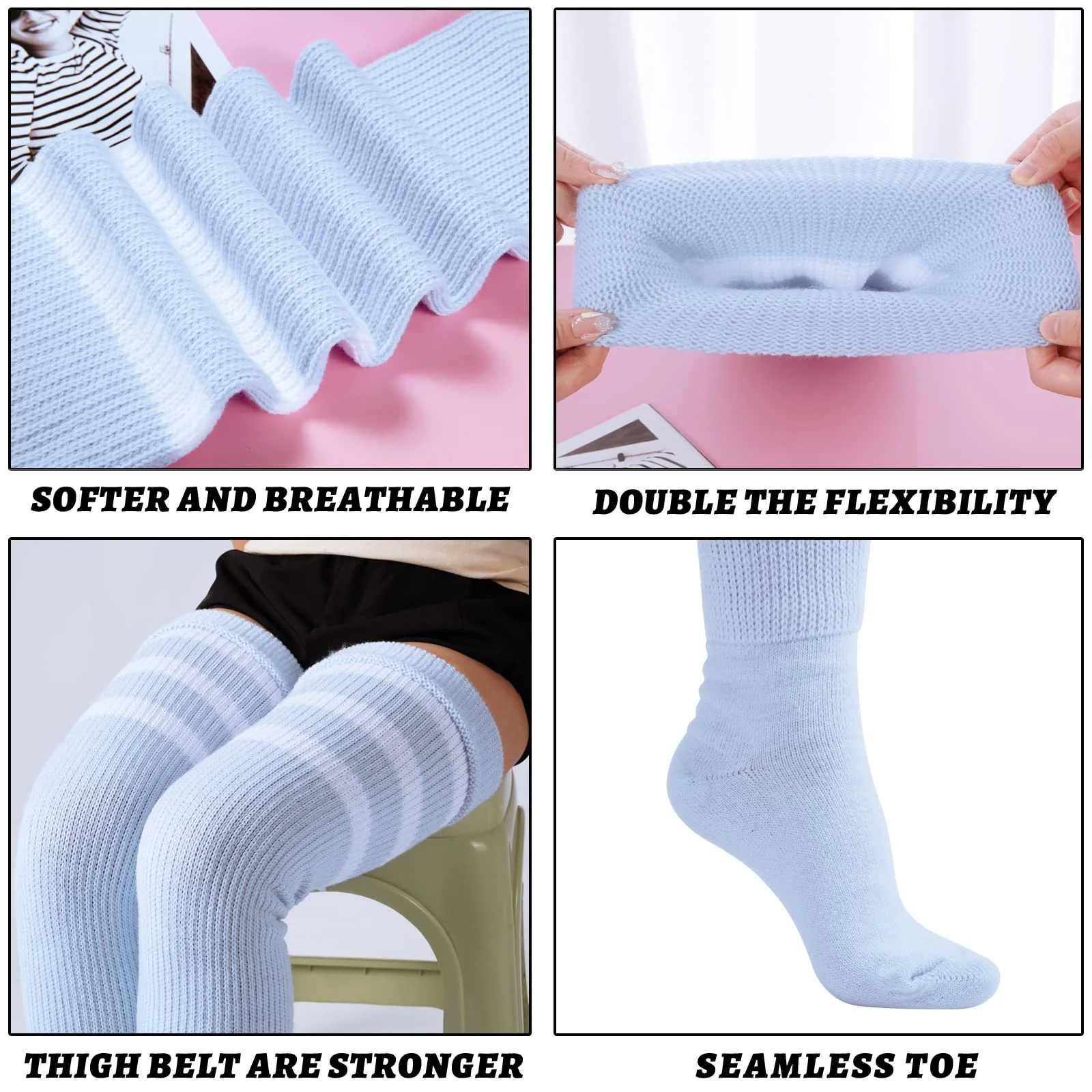 Plus Size Womens Thigh High Socks- Baby Blue & White - Image 3