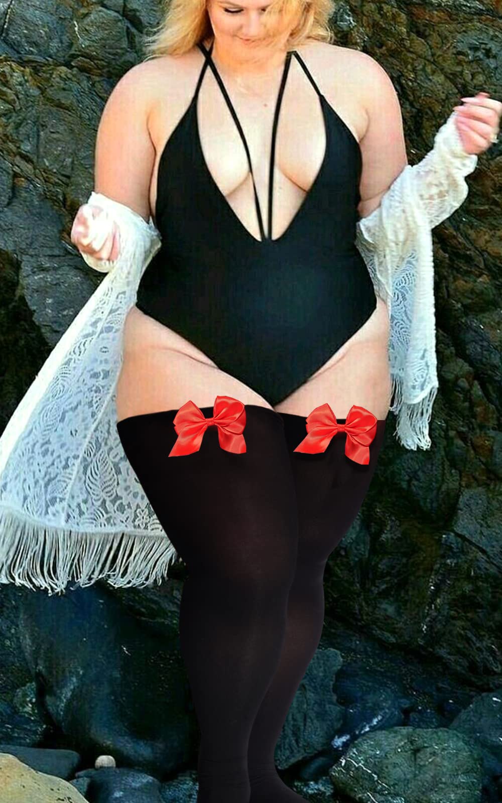 Women Plus Size Bow Thigh High Stockings-Black - Image 5