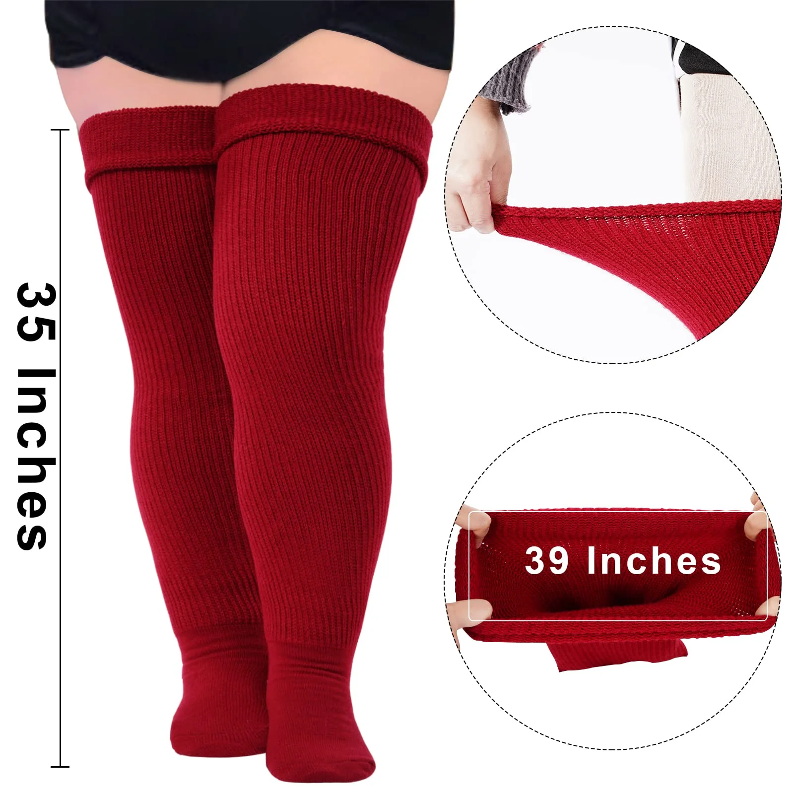 Womens Plus Size Thigh High Socks-Burgundy Wine - Image 3