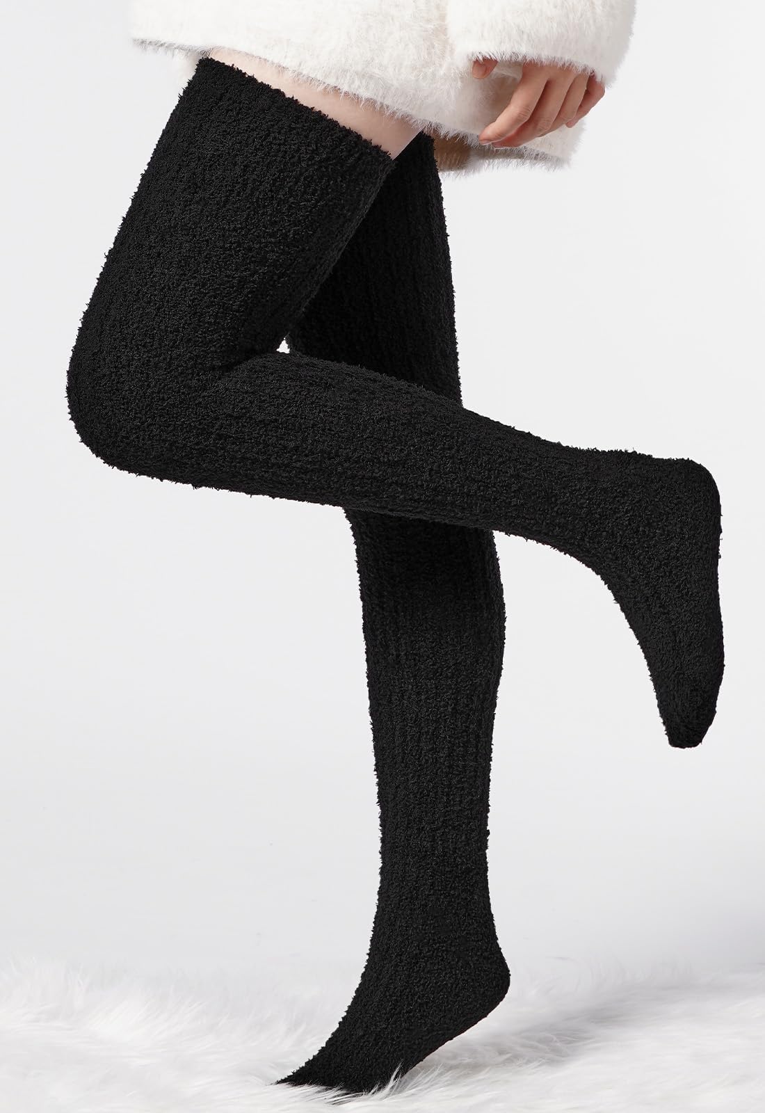 Womens Thigh High Socks Coral Fleece-Black - Image 4