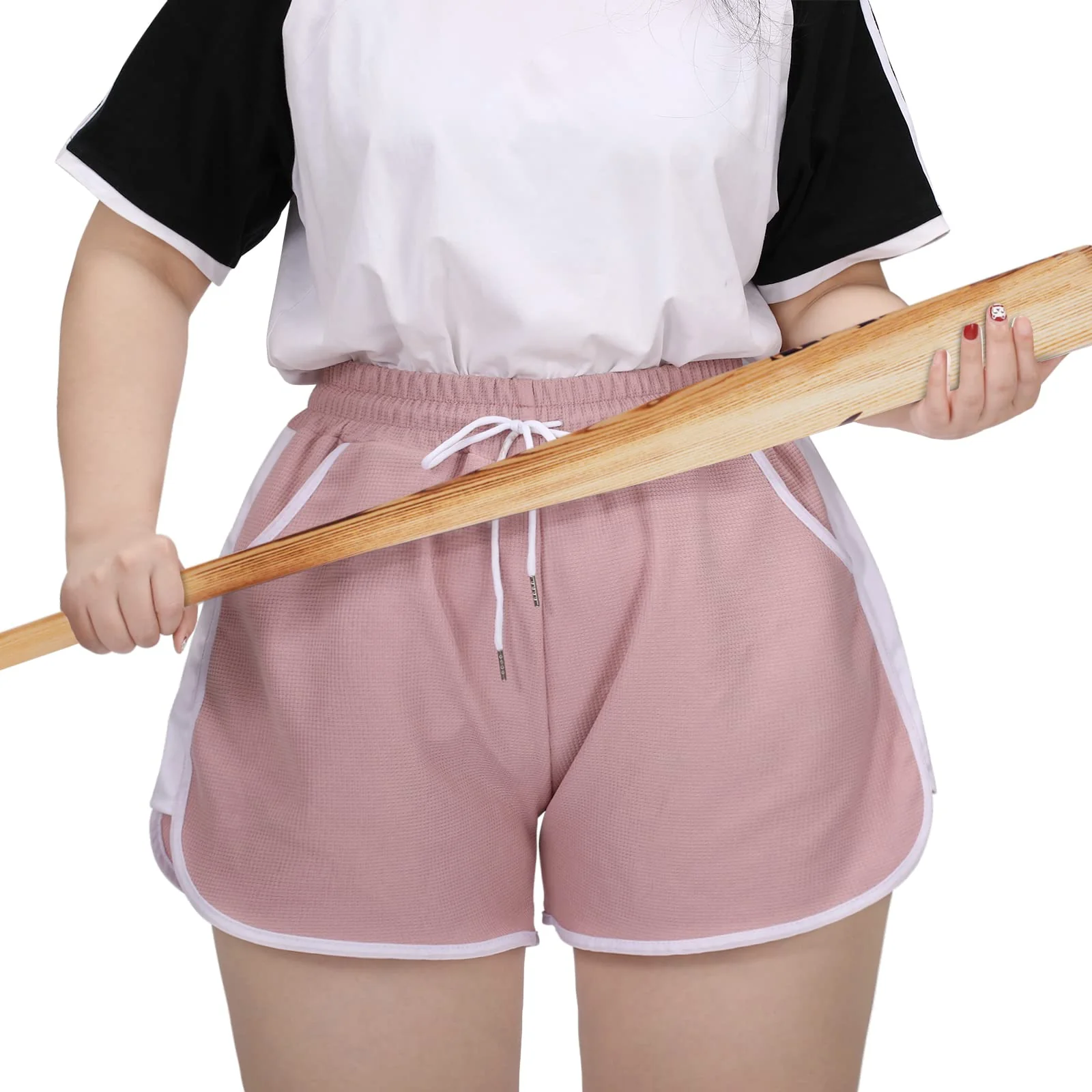 Womens Waffle Shorts Drawstring Elastic Waist Shorts-Pink - Image 3