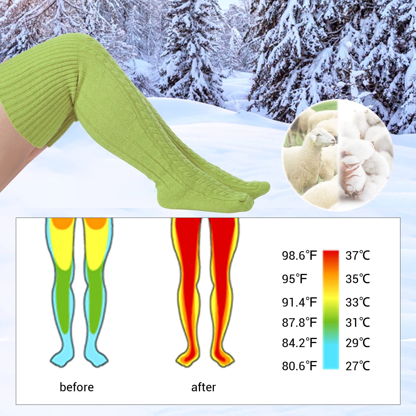 Wool Plus Size Thigh High Socks For Thick Thighs-Avocado Green - Image 6